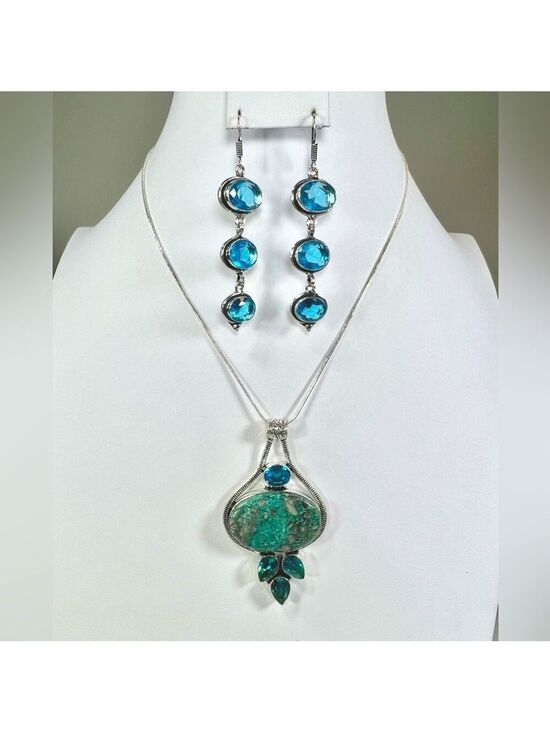Jewelry - Shattukite Blue Topaz 925 Gemstone Pendant & Earrings